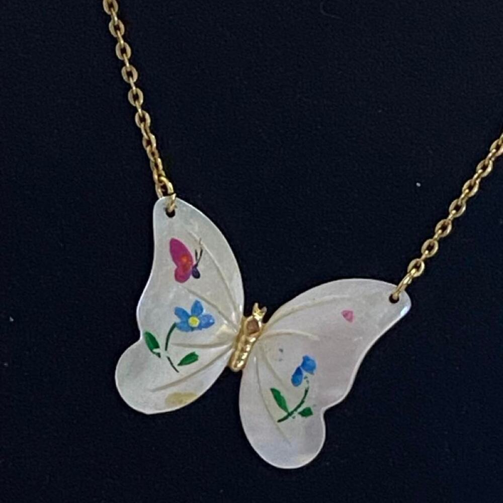 Vintage Mother of Pearl Butterfly Necklace Hand Painted Floral Collar Choker
